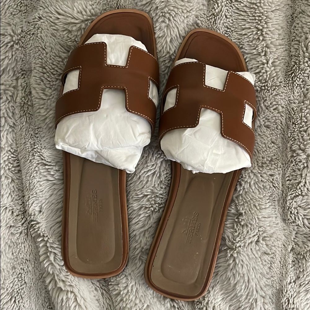 Brown Leather Slide Sandals - Picture 5 of 7